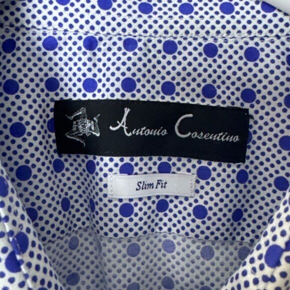 Antonio Cosentino Mens Slim Fit Dress Shirt Blue Polka Dot 100% Cotton Size 42/1 - Picture 2 of 5
